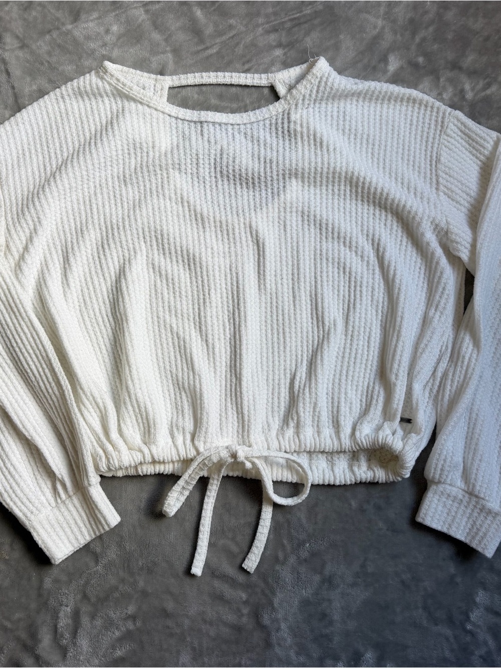Hollister White Cropped Waffle Knit Drawstring Sweatshirt